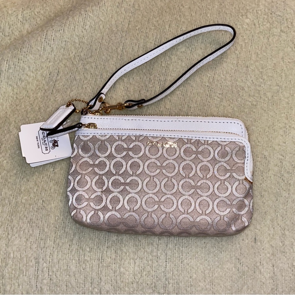 Coach Beige and White Signature Wristlet